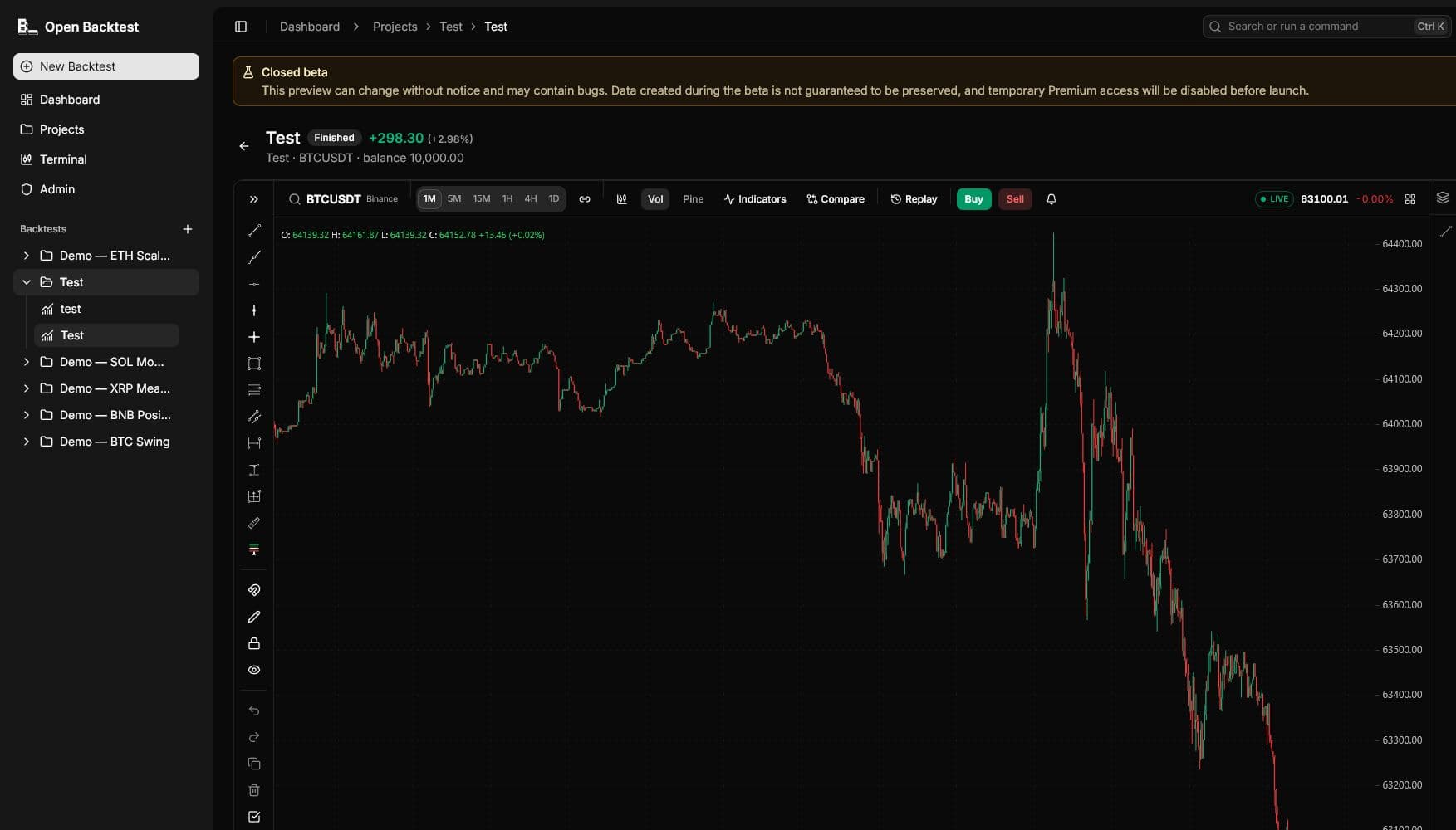 Open Backtest terminal displaying a candlestick chart and replay controls